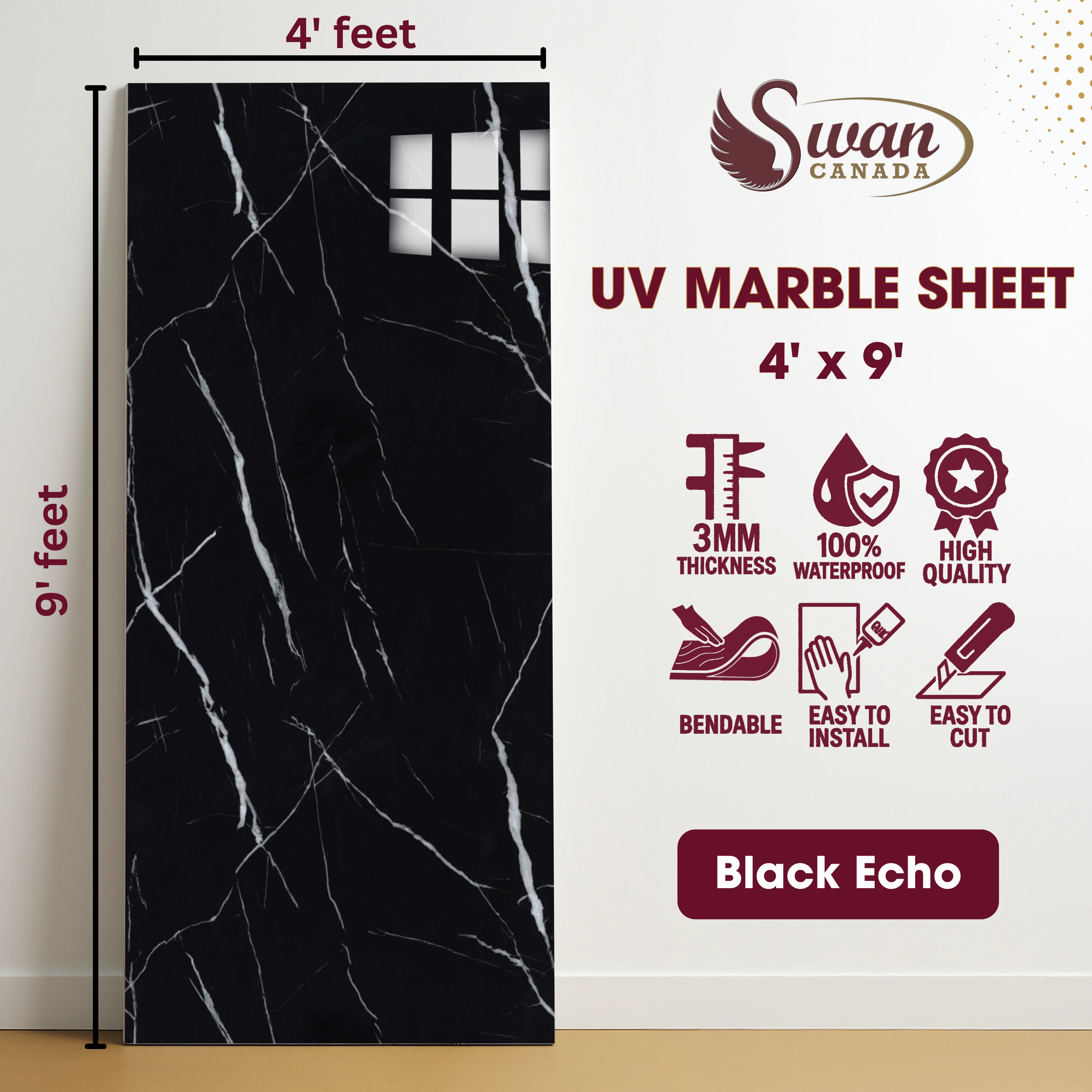 UV Marble Sheets, Black Echo, 1 Sheet, 4 X 9 Feet