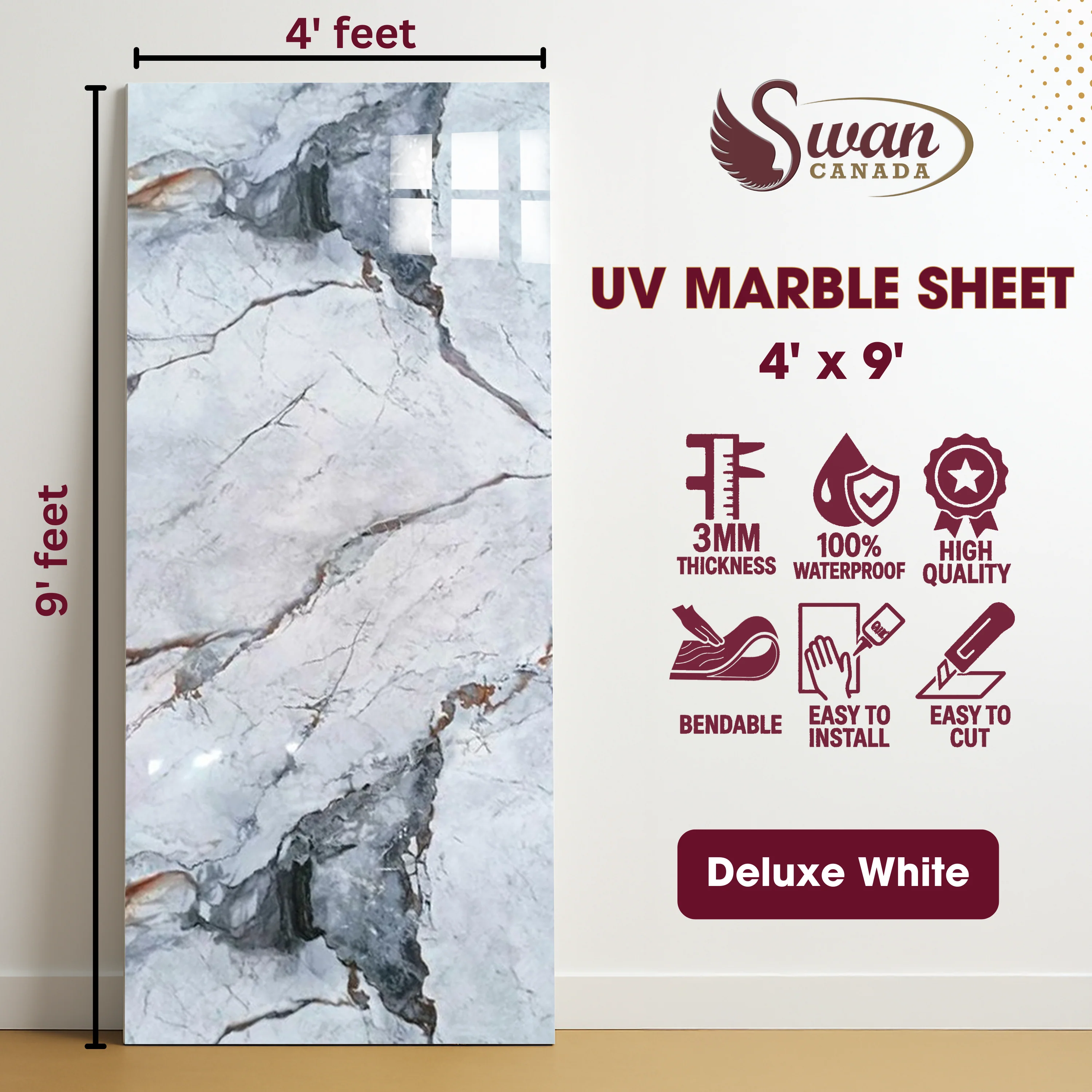 UV Marble Sheets, Deluxe White, 1 Sheet, 4 X 9 Feet